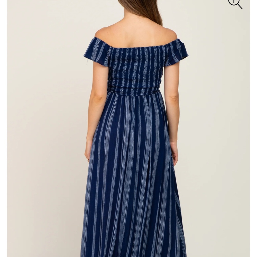 Pink Blush Maternity Navy Blue Striped Off-Shoulder Dress - Picture 2 of 3
